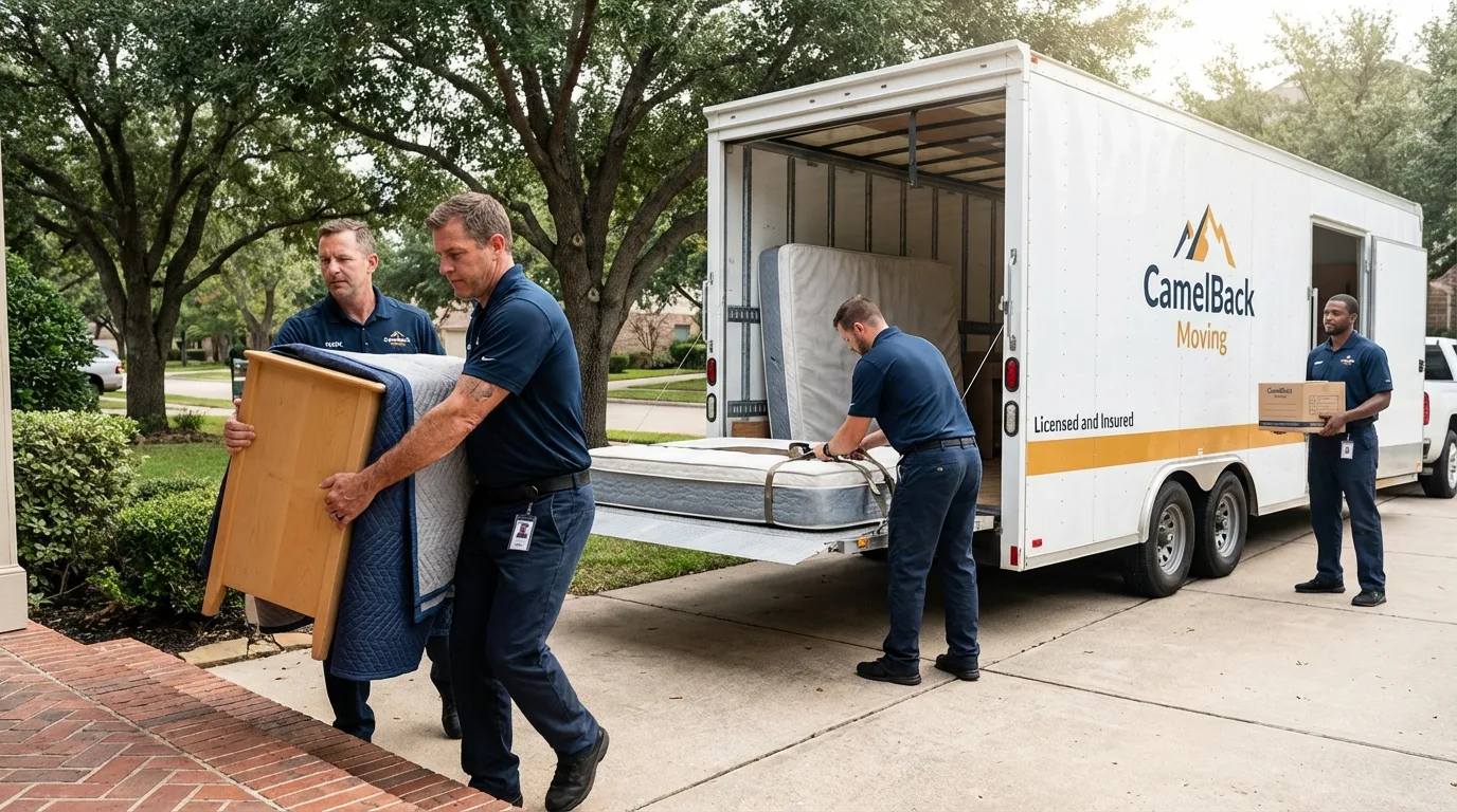 Crew loading residential truck for cross-state move from Waterloo, IN