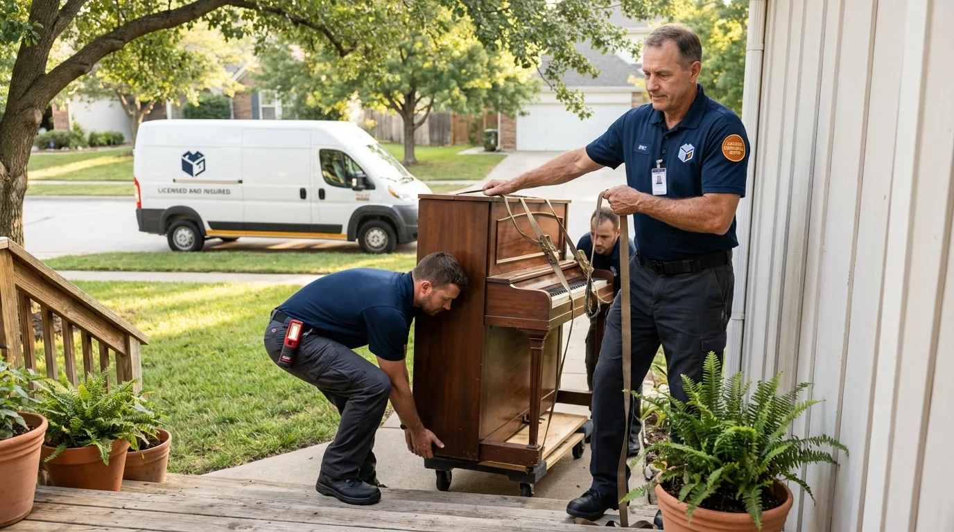 Licensed piano movers securing grand piano in Waterloo, IN