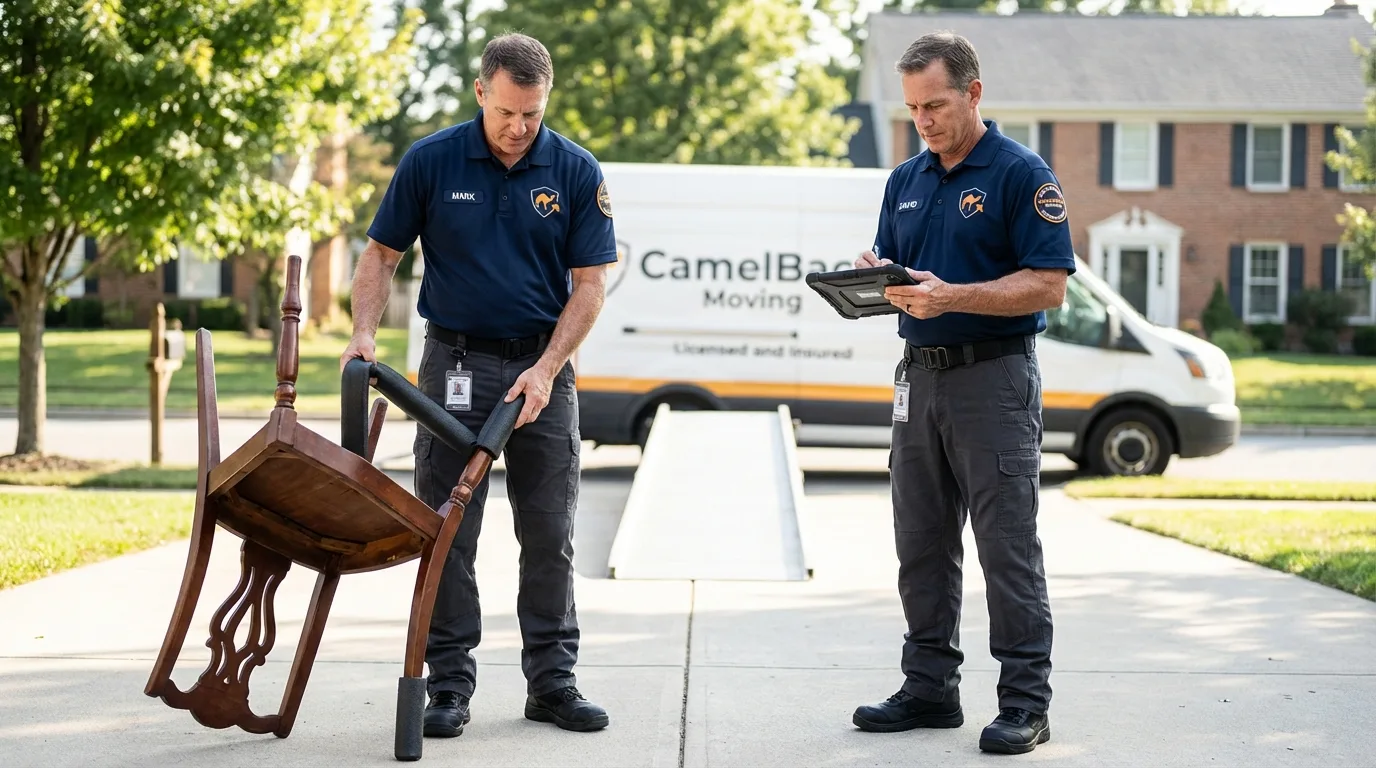 Movers inspecting furniture for damage prevention before loading in Waterloo, IN