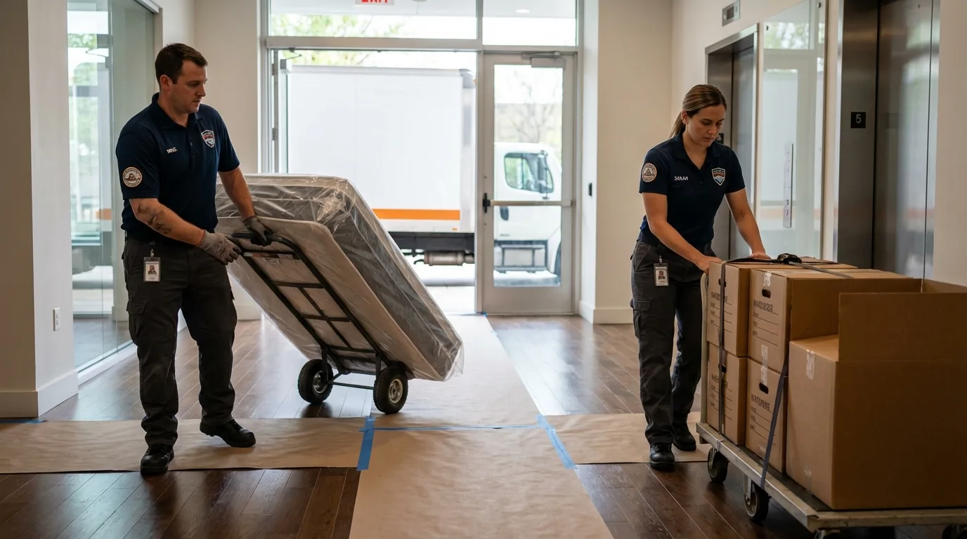 Professional apartment movers loading elevator in Waterloo, IN